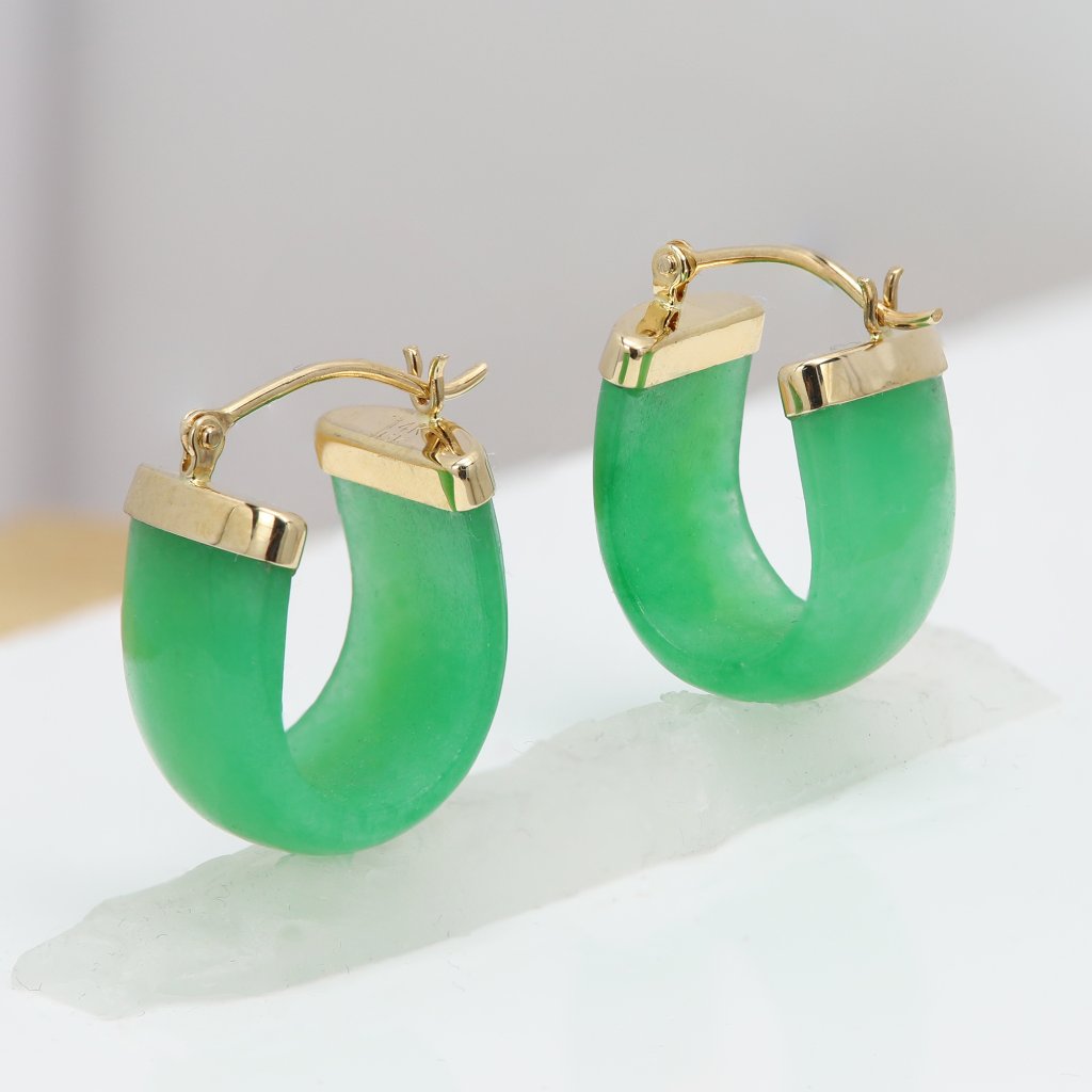 14k Jade Earrings Huggie Hoops Earrings From Jade Real 14k Yellow Gold